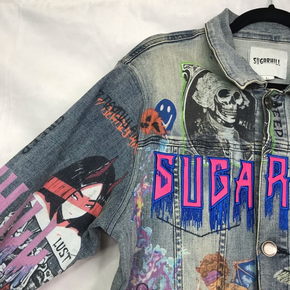 Sugarhill embroidery retro light wash 7 sins printed graphic denim jacket - Picture 5 of 10